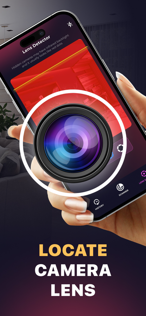 Hidden & Spy Camera Detector - A mobile phone displaying the lens detector feature of the Hidden and Spy Camera Detector app to identify hidden camera lenses.