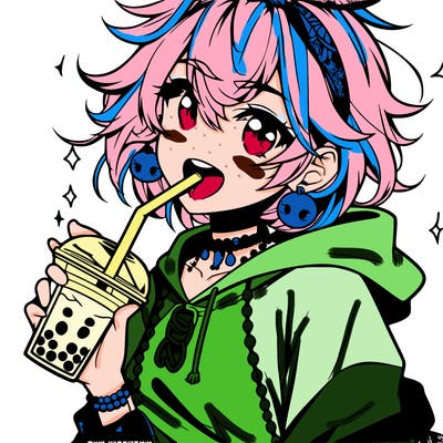 hot baddie anime girl drinking boba and biting the straw