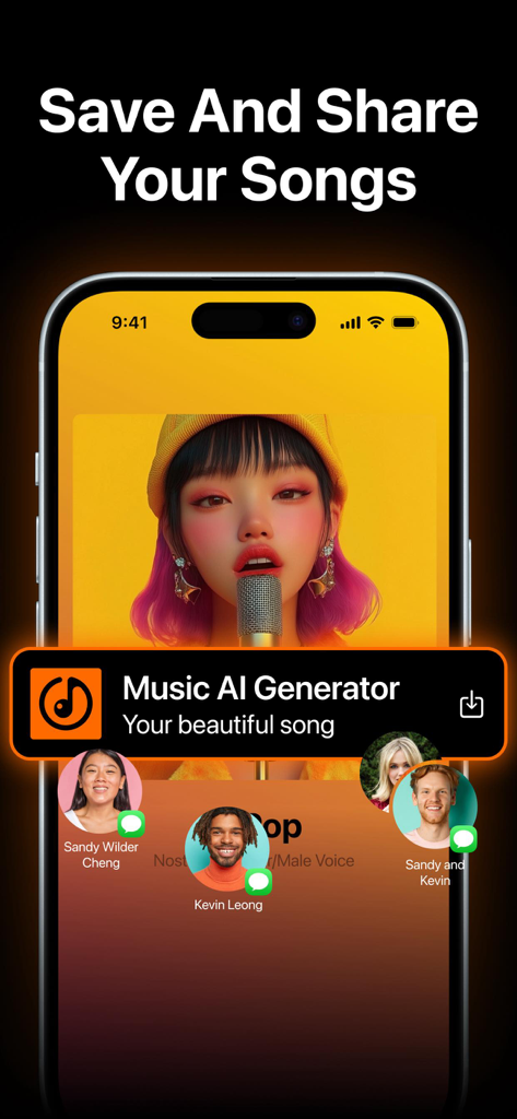 PLAI: AI Music Generator - PLAI app interface showing options to save and share AI generated music with friends