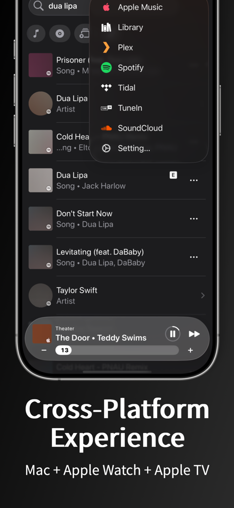 Clic for Sonos - Oberfläche der Clic for Sonos App, die integrierte Musikdienste und Wiedergabesteuerung anzeigt.