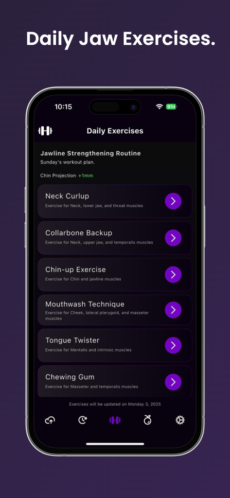 JawMax - Smartphone screen showing the JawMax app daily jawline exercise routine list.