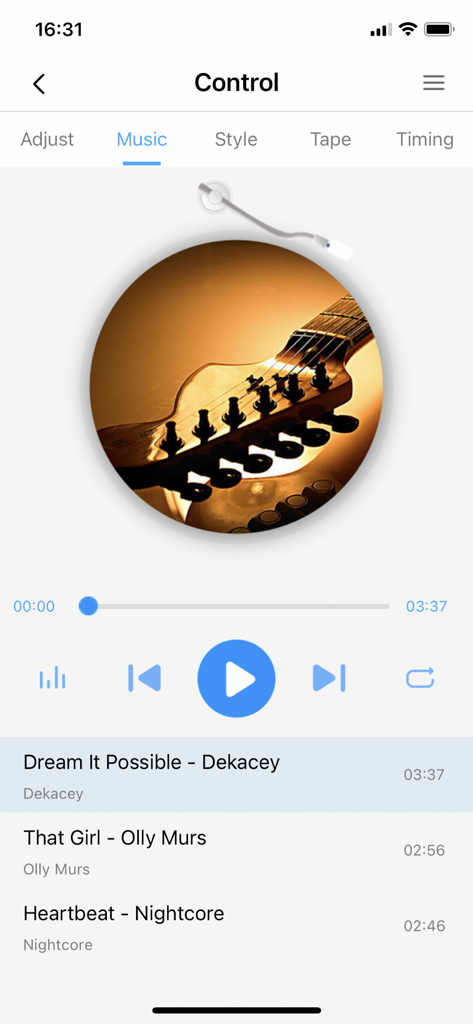 TechLife Pro - Music playback control screen in the TechLife Pro app showing a playlist and media controls