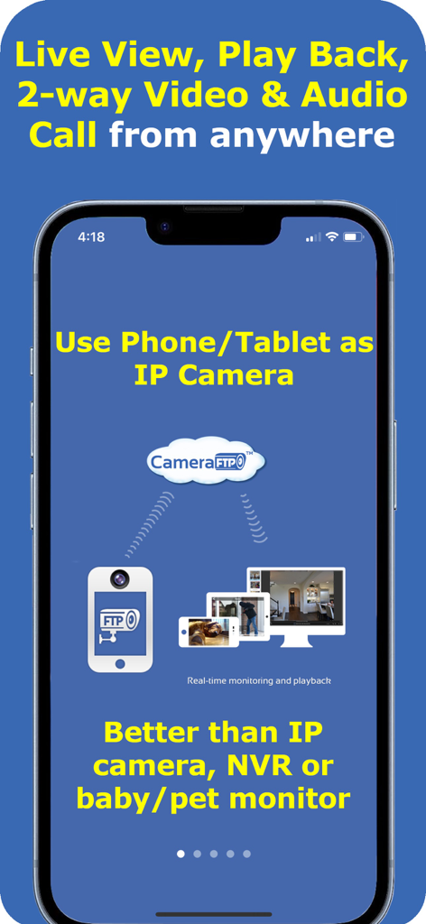 Mobile Security Camera - Mobile Security Camera app showing features to use a phone or tablet as an IP camera with live view and audio