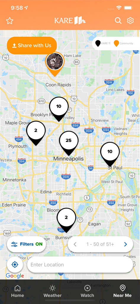 Interactive community news map of the Minneapolis and Saint Paul area on the KARE 11 mobile app.