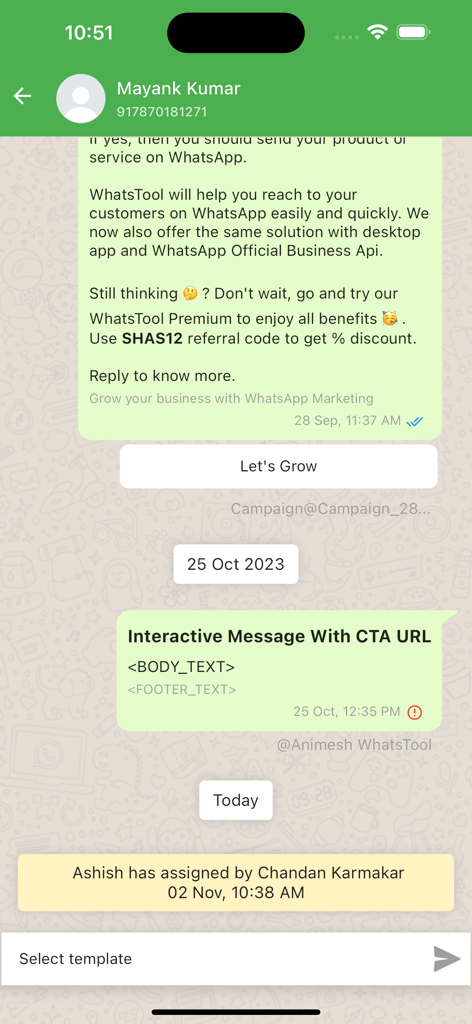 WhatsTool Business - Interface de l'application WhatsTool Business montrant une conversation WhatsApp avec des messages marketing et une notification d'assignation d'équipe