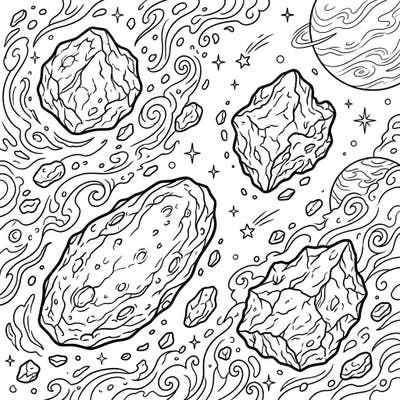 Embark on an epic coloring journey through the vastness of space with this captivating Near-Earth Asteroids design. Discover rocky textures, swirling cosmic dust, and distant planets, all waiting for your creative touch.