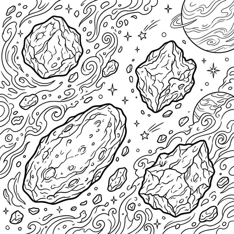 Embark on an epic coloring journey through the vastness of space with this captivating Near-Earth Asteroids design. Discover rocky textures, swirling cosmic dust, and distant planets, all waiting for your creative touch.