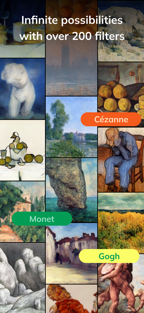 Collage of artistic filters inspired by painters like Monet and Gogh in the AI Gahaku app