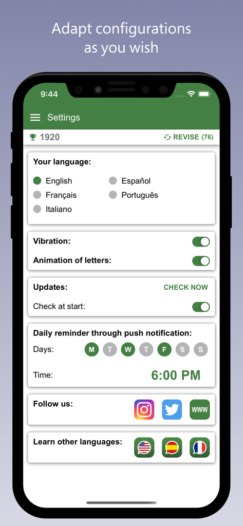Einstellungen der mobilen App für das Deutschlernen mit Sprachauswahl und Optionen für tägliche Erinnerungen