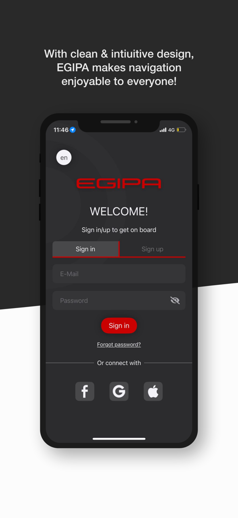 EGIPA - Schermata di accesso dell'app EGIPA con opzioni di accesso via email e connessione tramite social media