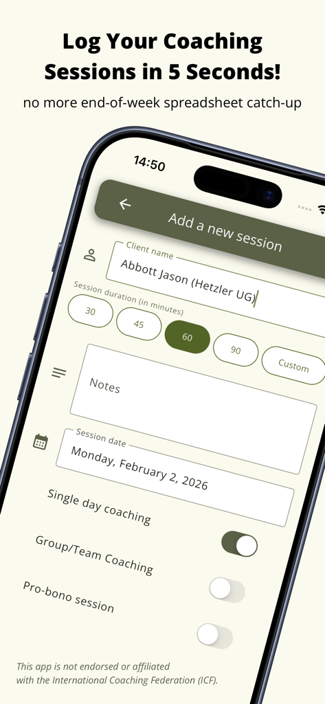 A mobile interface for logging a coaching session with client name duration and date.
