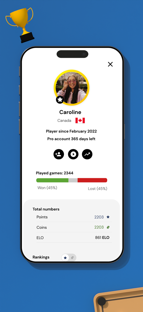 Mills | Nine Men's Morris - Player profile dashboard in Mills Nine Men's Morris showing game statistics and rankings.