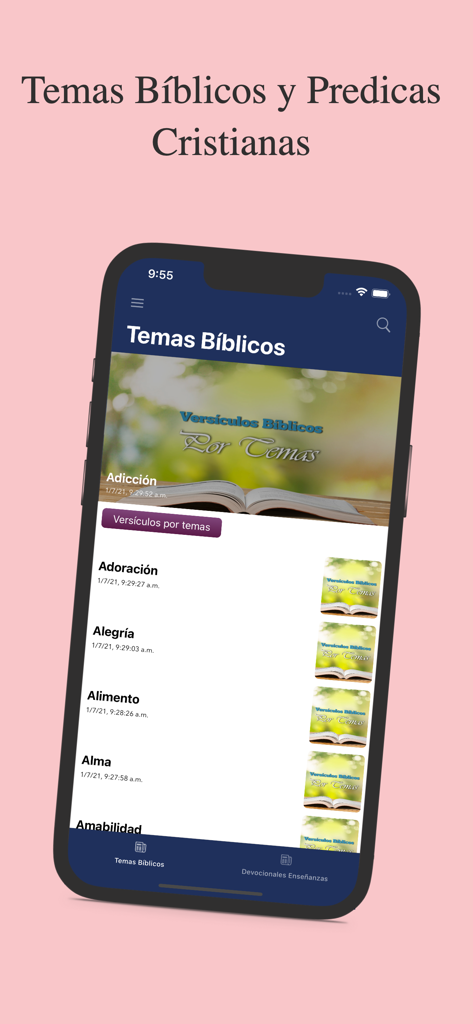 Temas Bíblicos y Predicas - スペイン語で聖書研究テーマのリストが表示された「Temas Biblicos y Predicas」アプリのスマートフォン画面