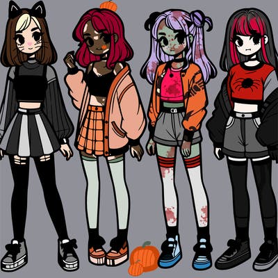 one girl with crop-top shirt and a jacket with a skirt, long socks and another girl with a shirt and pants with a jacket