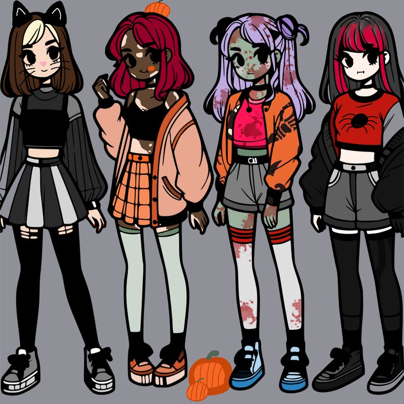 one girl with crop-top shirt and a jacket with a skirt, long socks and another girl with a shirt and pants with a jacket