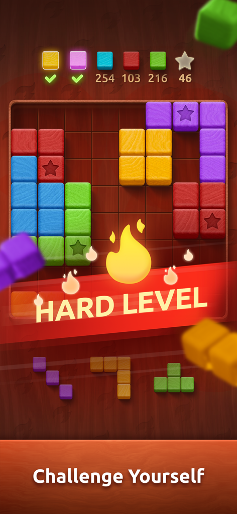 Colorwood Blocks: Wood Puzzle - Un puzzle di griglia in legno con blocchi colorati e un banner Livello Difficile che mostra il gameplay strategico.