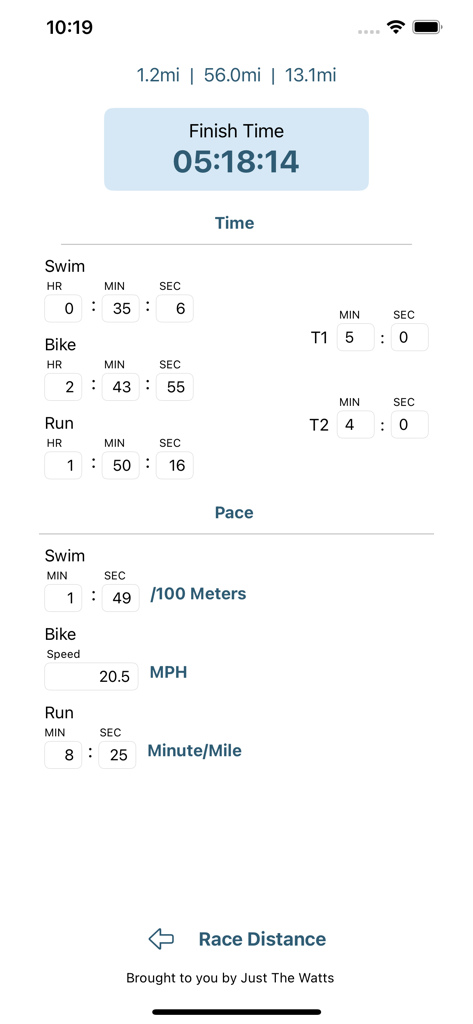 Interface de l'application mobile Triathlon Calc montrant le calcul du temps d'arrivée de la course avec les allures de natation, de vélo et de course à pied