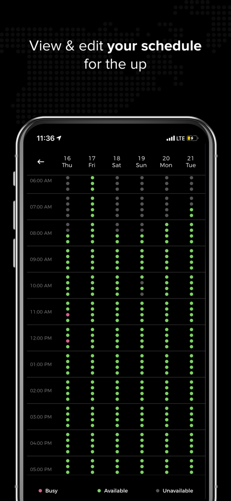 Tookan Agent - Mobile app interface showing a weekly availability calendar with time slots for field service agents