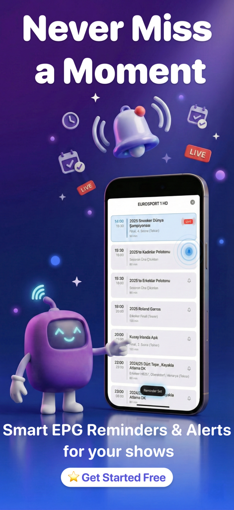 Stream Master: IPTV M3U Player - Stream Master IPTV-App-Oberfläche mit intelligenten EPG-Erinnerungen und Benachrichtigungen für Fernsehsendungen auf einem iPhone-Bildschirm