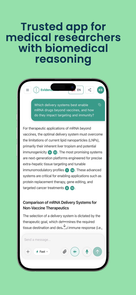 EvidenceMD- Medical Reasoning - EvidenceMD app interface showing a biomedical research query with cited clinical references on a smartphone screen