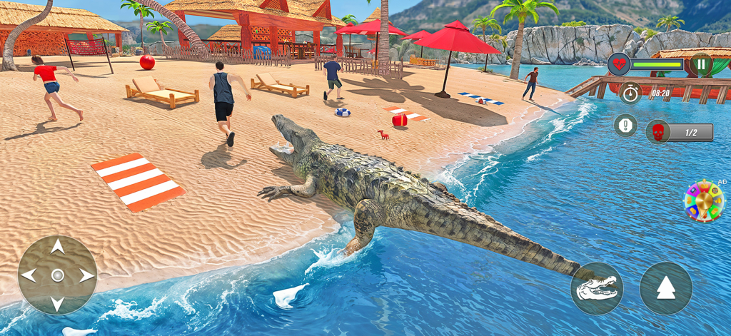 Wild Animals Crocodile Games - A large 3D crocodile attacking people on a sunny beach resort in a mobile animal simulator game.