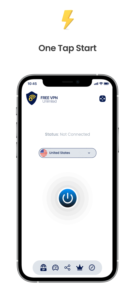 Interfaz principal de la aplicación VPN Ilimitado Gratuito en iPhone mostrando el botón de inicio de conexión con un toque y la selección de servidor de Estados Unidos