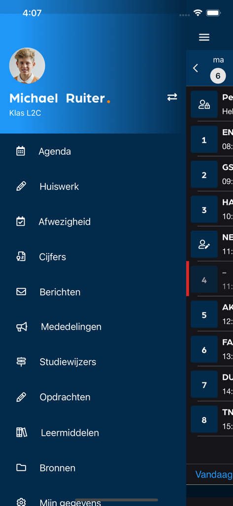 Magister app student profile sidebar menu showing agenda grades and homework options