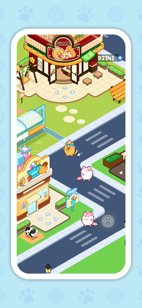 Ninimo Cat Supermarket: Tycoon - Gameplay screenshot of Ninimo Cat Supermarket Tycoon showing cute cat characters walking past a pizza shop and a grocery store in a cozy town.
