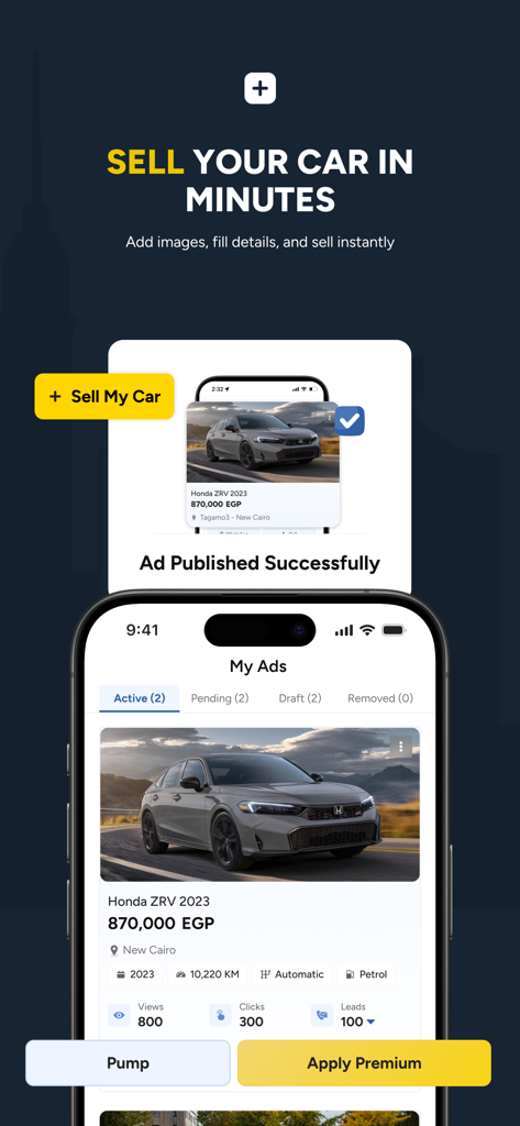 Hatla2ee 모바일 앱 화면에 자동차 판매 과정과 혼다 ZRV의 활성 광고 목록이 표시됨