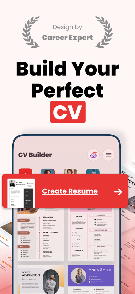 Resume Builder: CV Maker AI - Mobile app interface showing professional resume templates and a Create Resume button