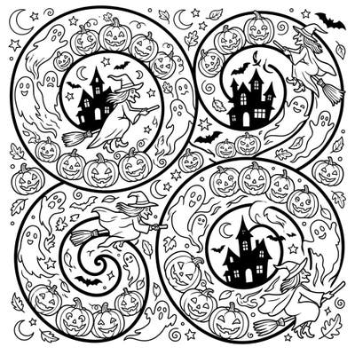 Get ready for a unique Halloween coloring adventure with this intricate design featuring mesmerizing spiral patterns. Whimsical witches, friendly ghosts, and smiling pumpkins are intricately woven into enchanting swirls, offering hours of creative fun.