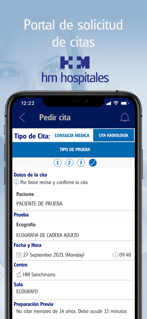 Pantalla de la app HM Hospitales que muestra detalles de una cita médica para una ecografía.
