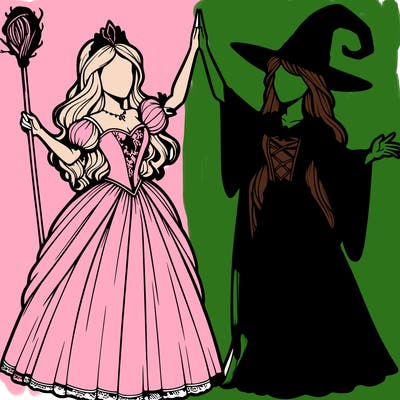 detailed realistic split of a princess and a witch