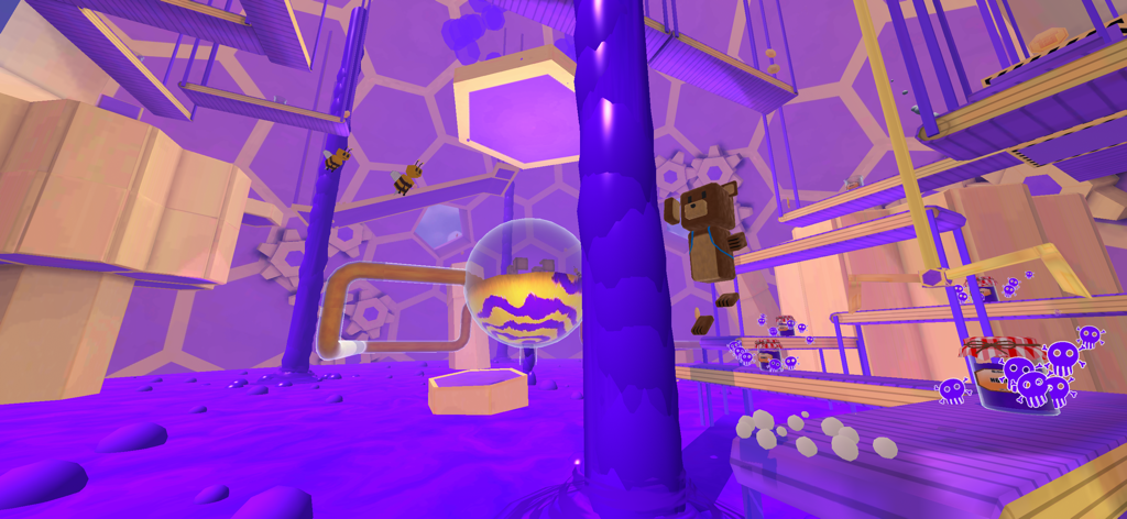 Super Bear Adventureで、紫の蜂蜜とプラットフォーム要素がある紫色のハニカム環境にいるクマのBaarenキャラクター。