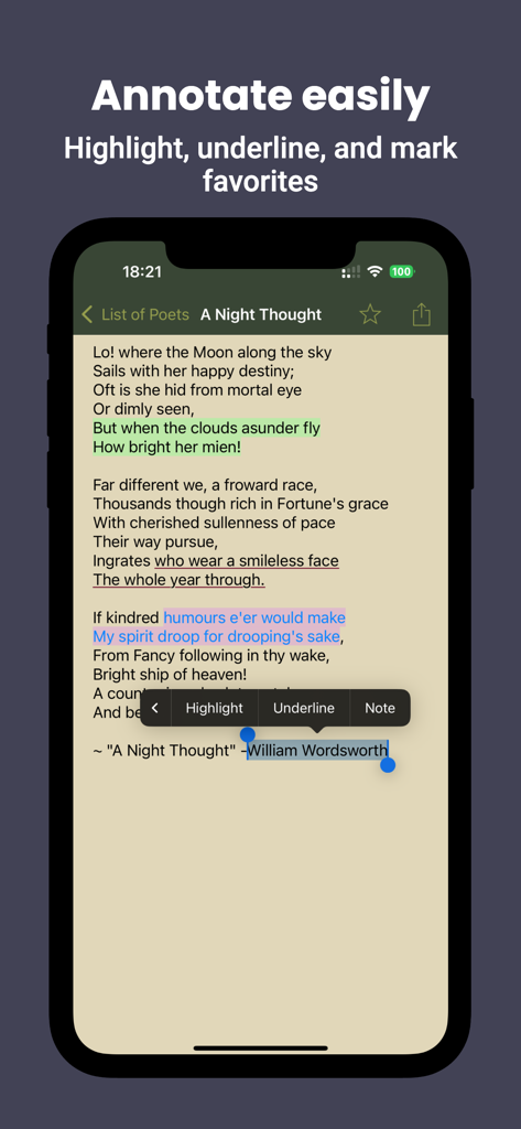 Interface d'une application de poésie montrant la mise en surbrillance et le soulignement de texte sur un poème de William Wordsworth