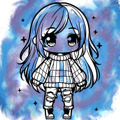 chibi girl with ripped jeans,long hair, and an oversized sweater