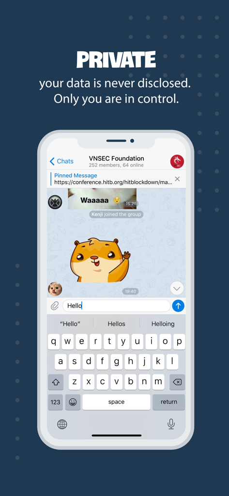Tele Messenger Chat Secure - Tele Messengerアプリのインターフェース。安全なプライベートチャットとデータ保護を示しています。