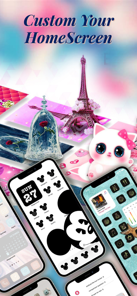 Icon Theme - Aesthetic Kit - Multiple iPhones showing different aesthetic home screen themes including Mickey Mouse and cute cat designs