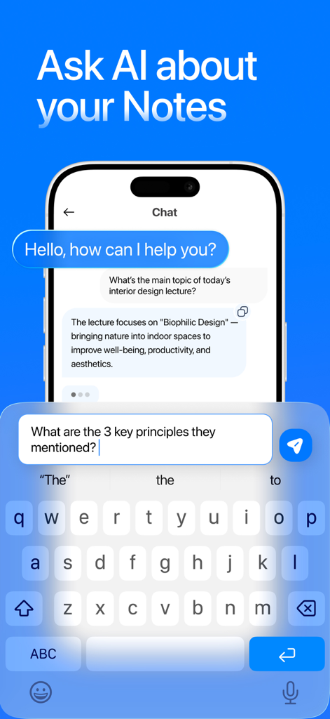 Smartphone screen showing the Mino app AI chat feature to ask questions about recorded notes