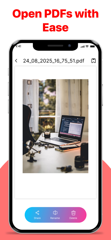 共有および名前変更オプションとともに、開いているPDFドキュメントを示すiPhone画面。