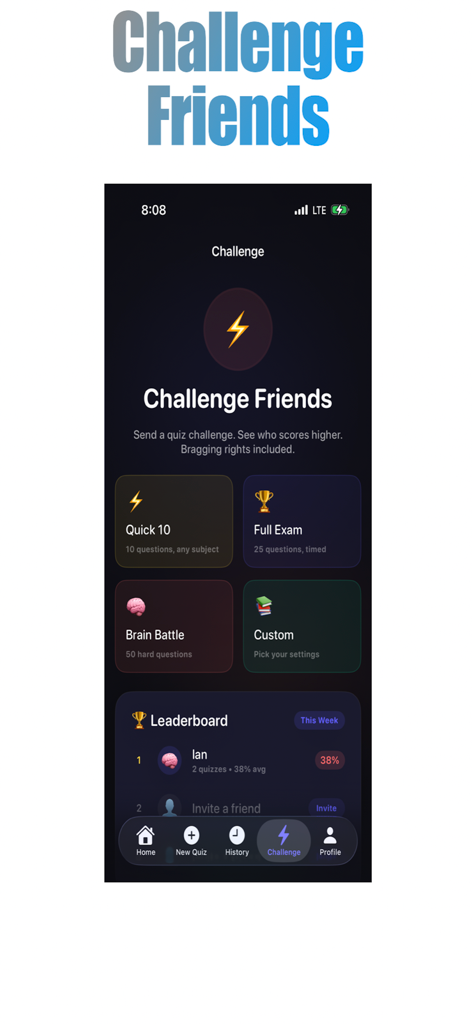 Study Quizzer - Study Quizzer app interface showing the challenge friends feature with various quiz modes and a weekly leaderboard.