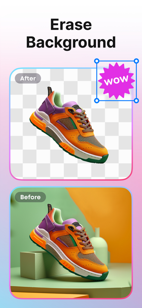 Before and after comparison of a sneaker with background removed using PhotoCut AI