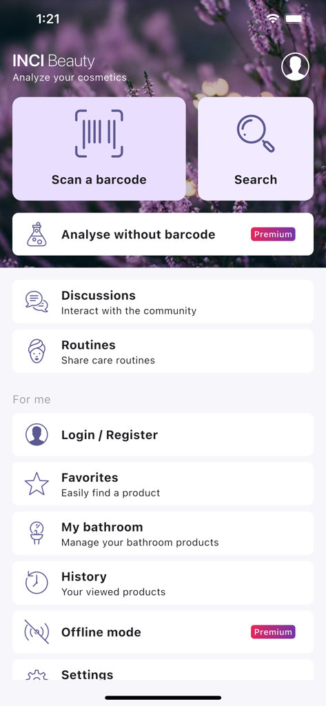 Home screen of the INCI Beauty cosmetic scanner app showing barcode scan and search options
