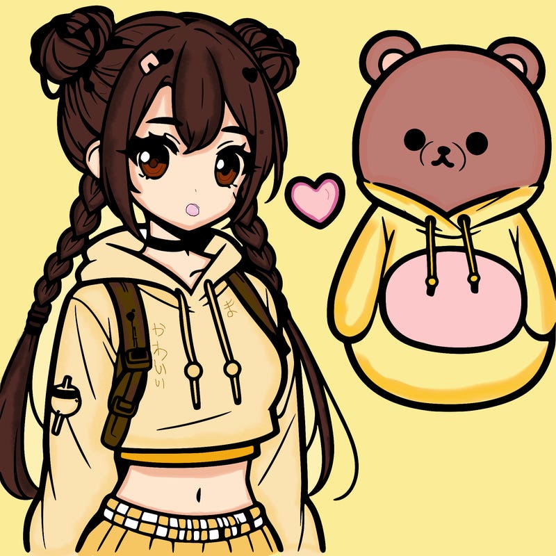 anime girl with hair braided,crop top,boba and bear hoodie