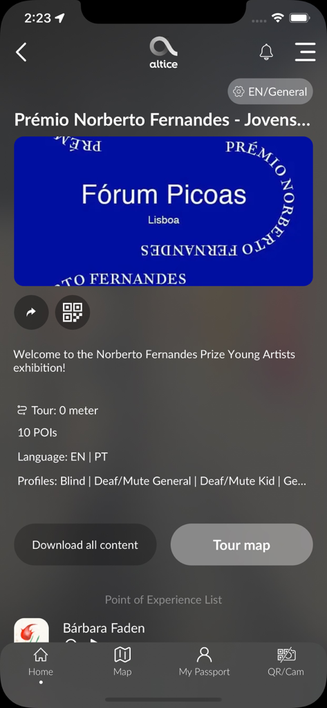 Fundação Altice - Captura de tela do aplicativo Fundacao Altice mostrando detalhes da exposição do Prêmio Norberto Fernandes no Fórum Picoas, em Lisboa.