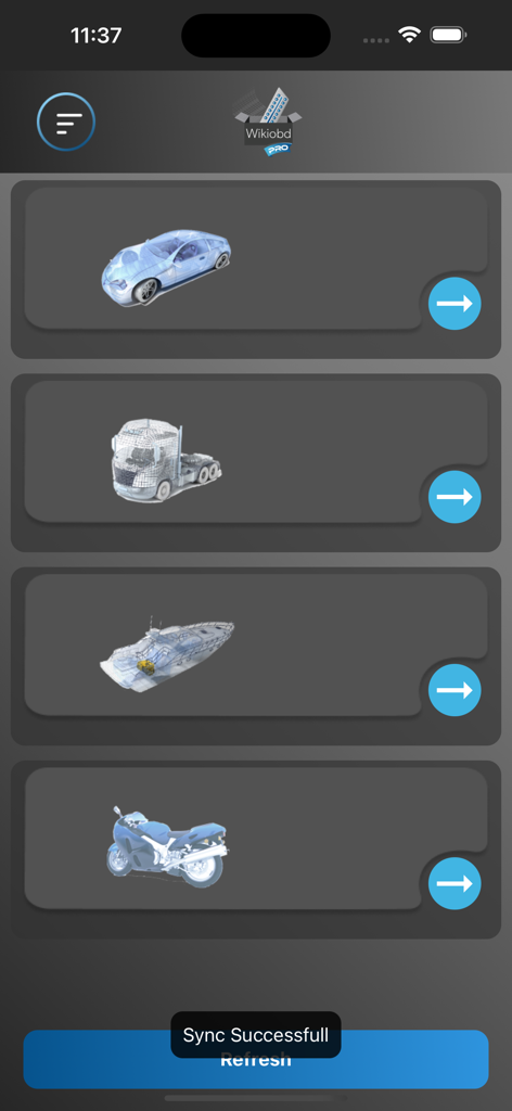 Vehicle category selection menu in WIKI OBD PRO app including cars trucks boats and motorcycles