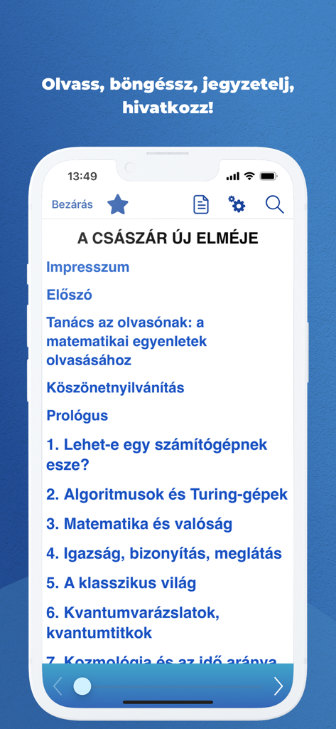 Table of contents screen in the MeRSZ mobile app showing a Hungarian scholarly book titled A Csaszar Uj Elmeje.