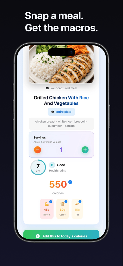 Portio AI - Portio AI app interface showing calorie and macro tracking from a food photo