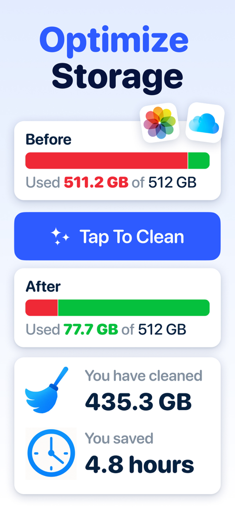 Clean Up Now: AI Cleaner - A comparison showing 435 gigabytes of storage saved after using the Clean Up Now AI Cleaner app