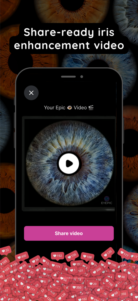 Eyepic: Eye Color Camera - Smartphone-Bildschirm zeigt ein teilbares hochauflösendes Iris-Verbesserungsvideo in der Eyepic-App